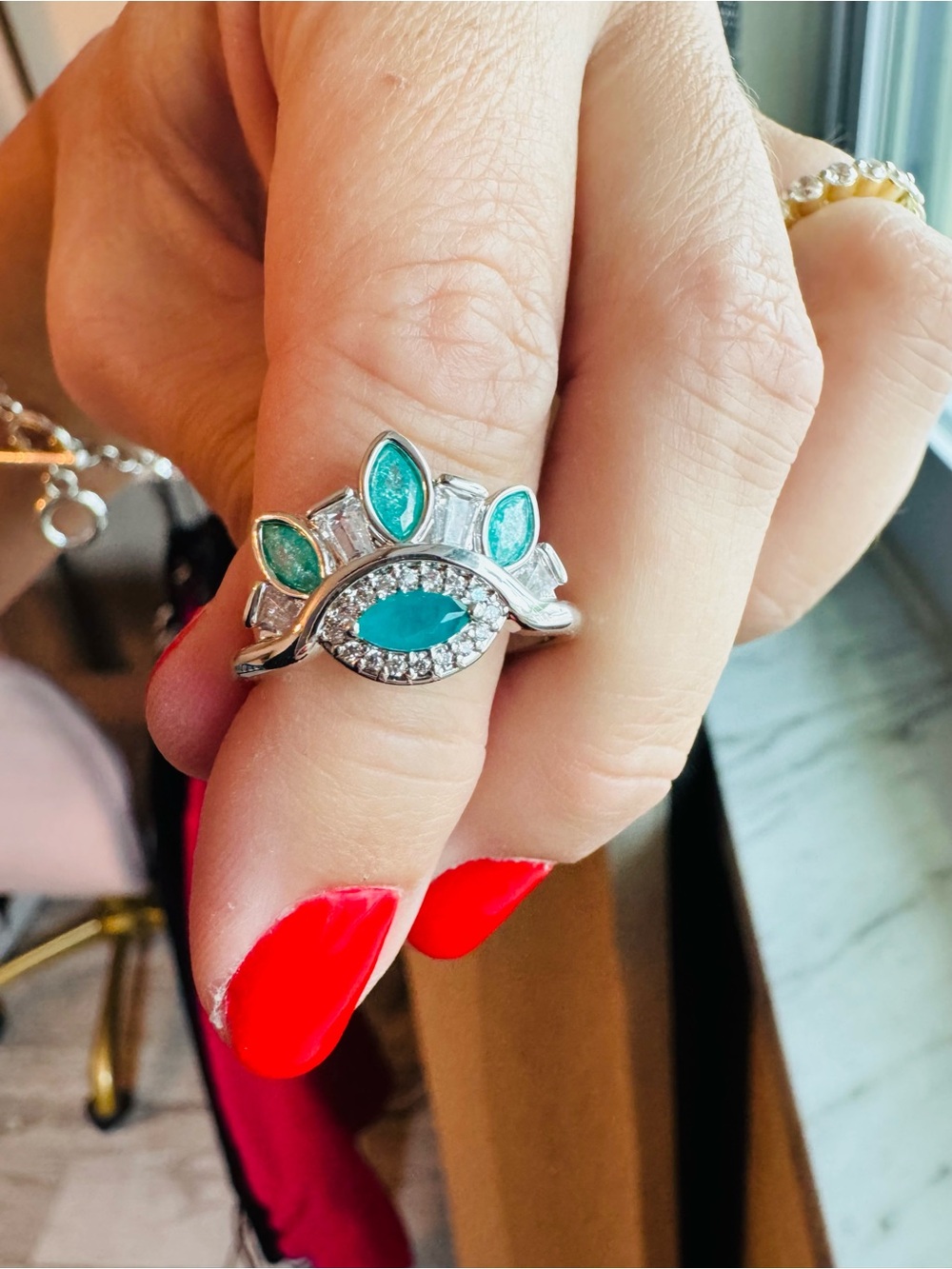 Silver Ring with Teal Marquise Stones - Women Jewelry Size 8